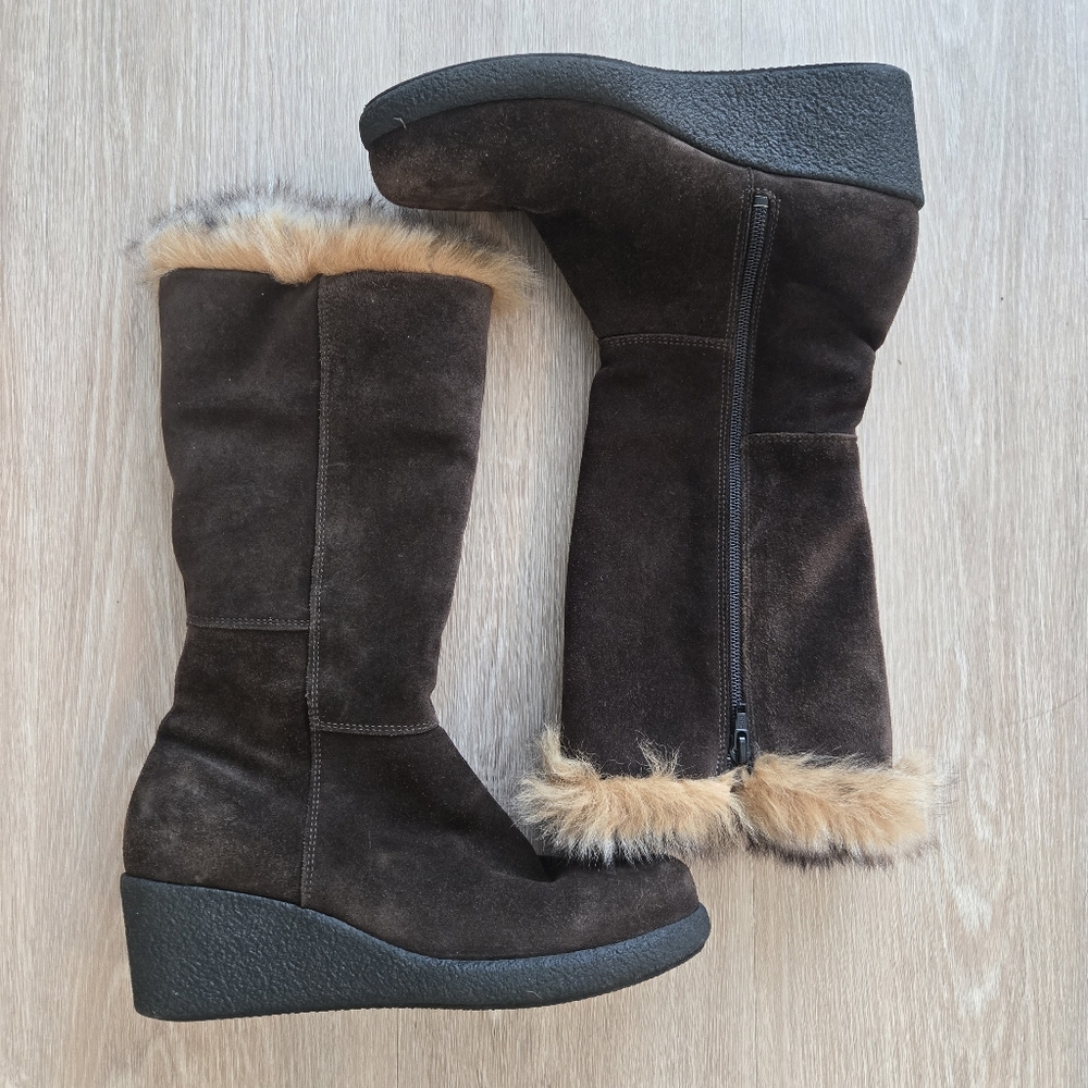 Maxine of Canada Women's Faux Fur Trim Suede Winter Wedge‎ Boots Brown Size 7